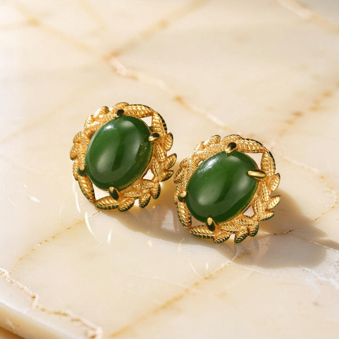 ATELIER-TIBET – Boucles d'Oreilles Jade – Reine de Jade, Argent Plaqué Or