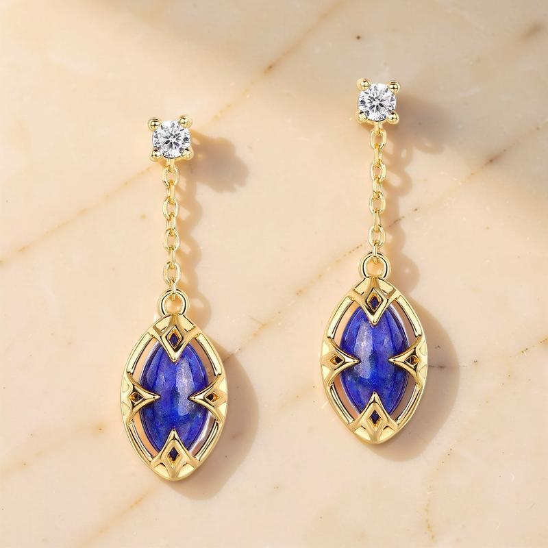 ATELIER-TIBET – Boucles d'Oreilles Lapis Lazuli et Quartz Clair – Étoile du Matin, Argent Plaqué Or
