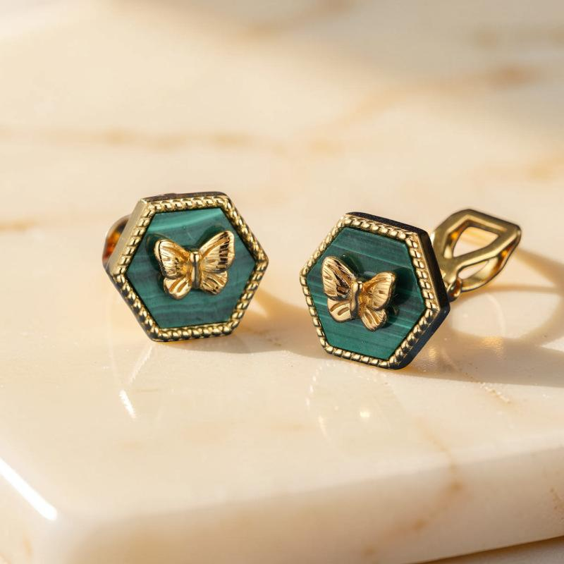 ATELIER-TIBET – Boucles d'Oreilles Malachite – Élégance Papillon, Argent Plaqué Or