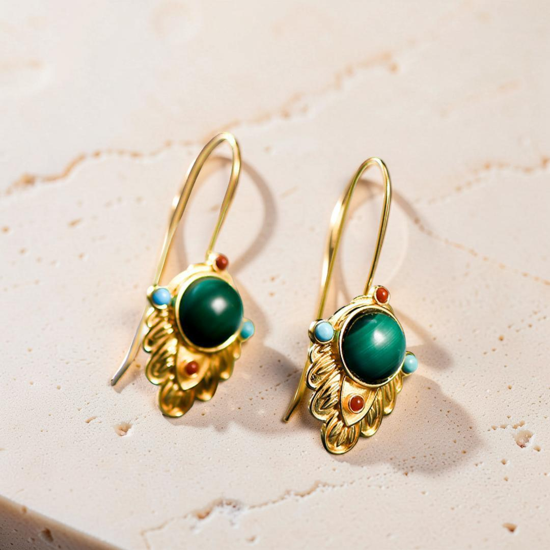 ATELIER-TIBET – Boucles d'Oreilles Malachite – Feuille Dorée, Argent Plaqué Or