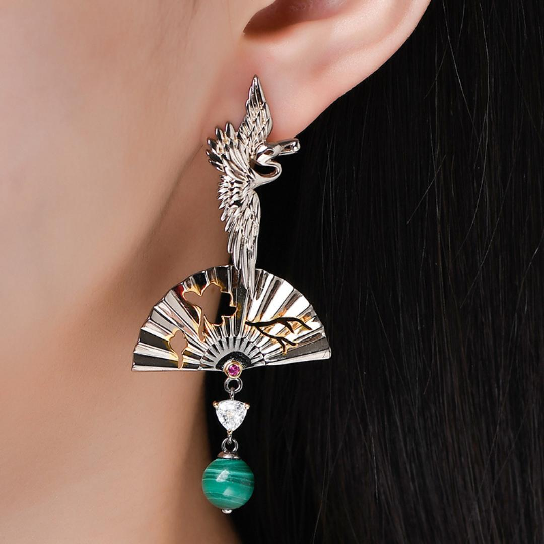 ATELIER-TIBET – Boucles d'Oreilles Malachite – Grue de Chance, Argent 925