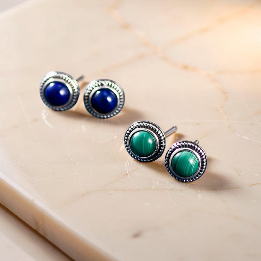 ATELIER-TIBET – Boucles d'Oreilles Malachite ou Lapis Lazuli – Croissance, Argent 925