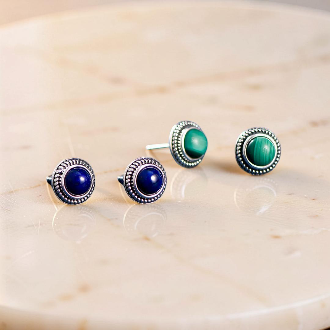 ATELIER-TIBET – Boucles d'Oreilles Malachite ou Lapis Lazuli – Croissance, Argent 925