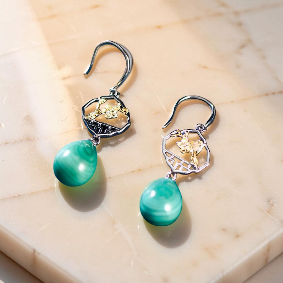ATELIER-TIBET – Boucles d'Oreilles Malachite – Sakura, Argent 925