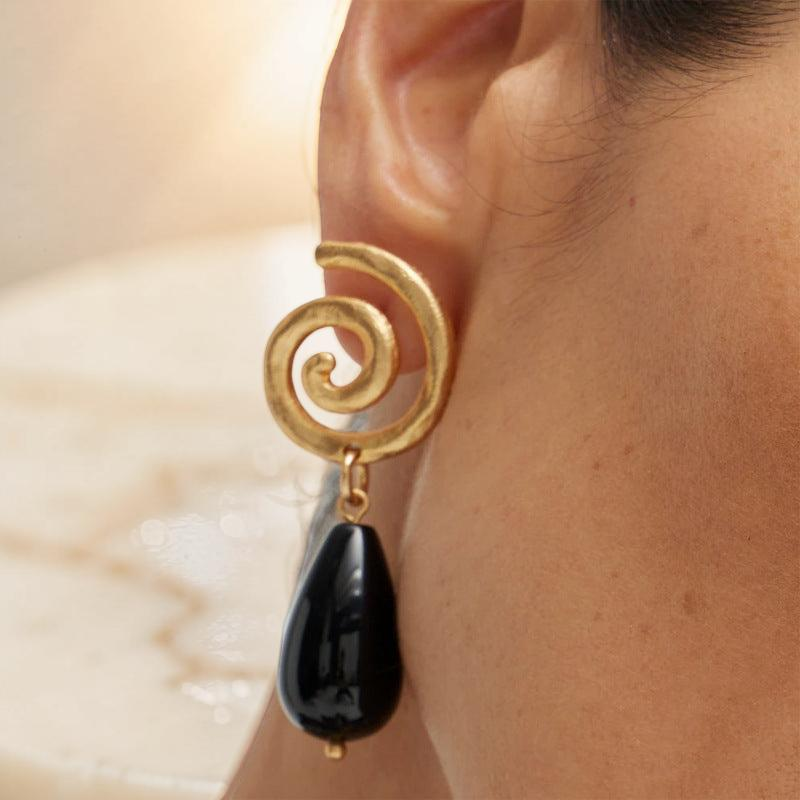 ATELIER-TIBET – Boucles d'Oreilles Obsidienne – Vintage Spirale