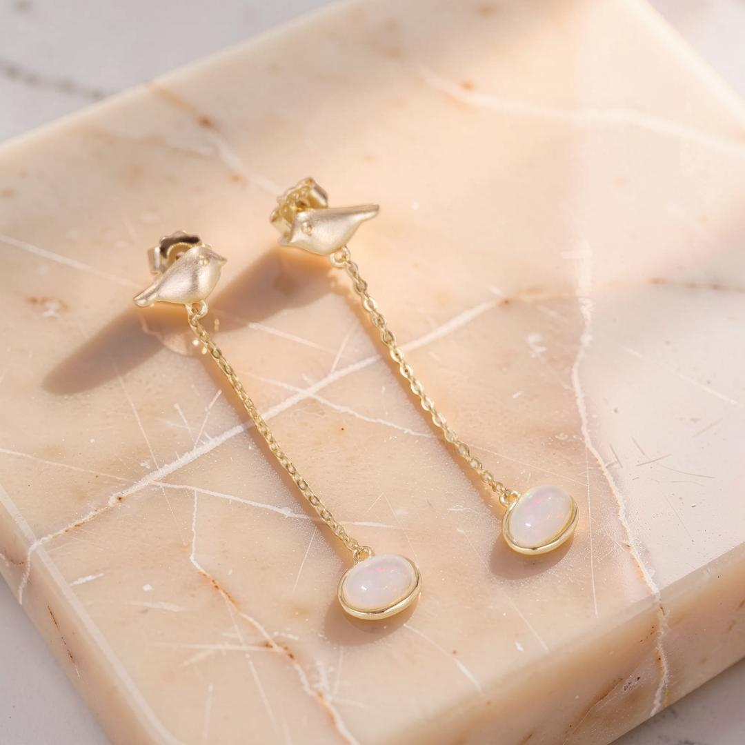 ATELIER-TIBET – Boucles d'Oreilles Opale – Mélodie du Ciel, Argent Plaqué Or