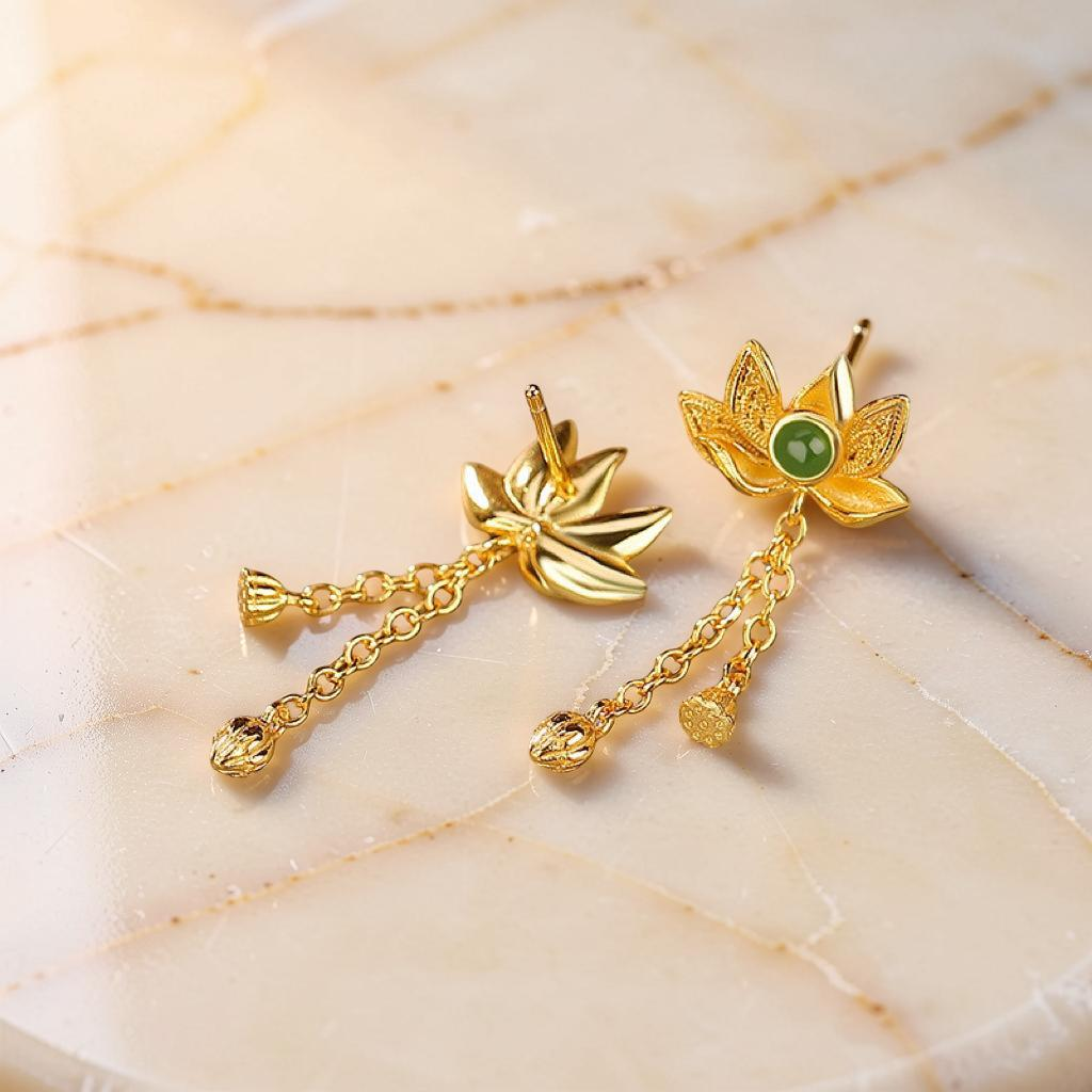 ATELIER-TIBET – Boucles d'Oreilles Pendantes en Jade – Douceur, Argent Plaqué Or