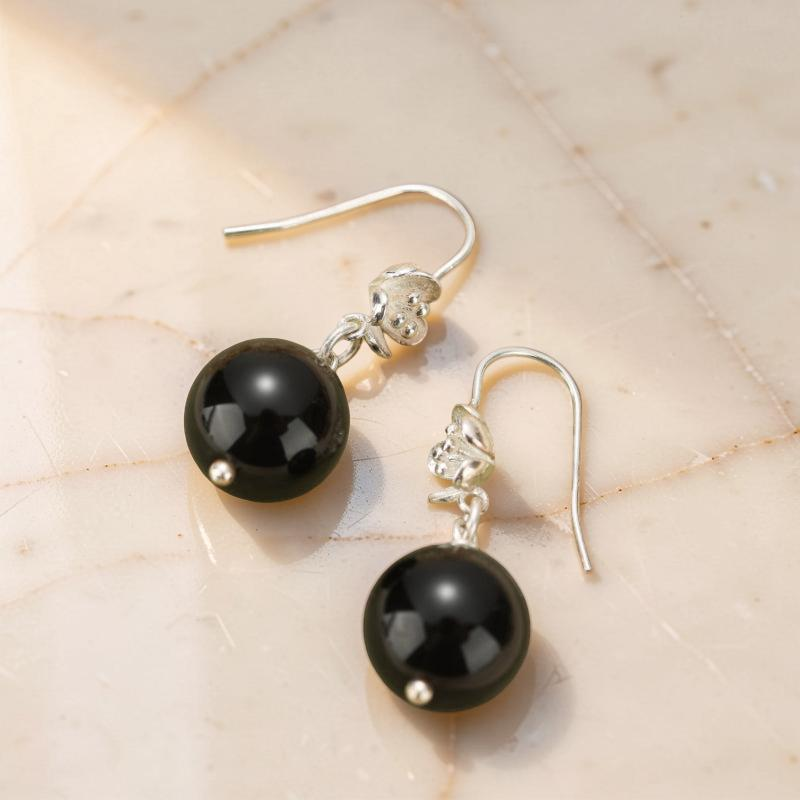 ATELIER-TIBET – Boucles d'Oreilles Pendantes Obsidienne – Floraison Mystique, Argent