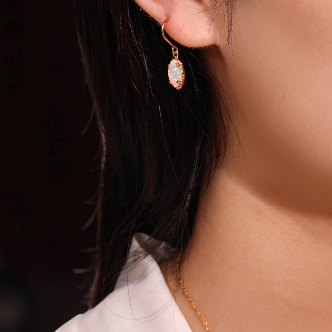 ATELIER-TIBET – Boucles d'Oreilles Pendantes Opale – Flamme Mystique, Argent Plaqué Or