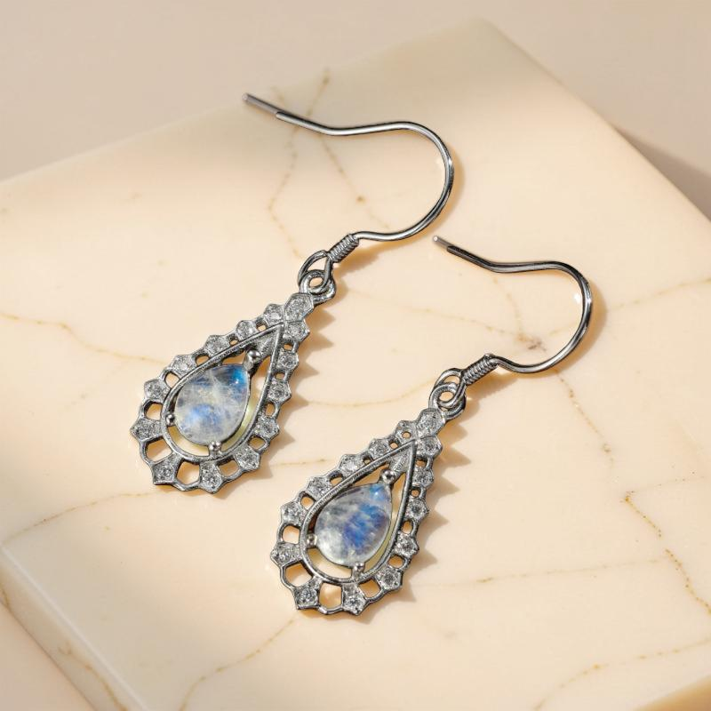 ATELIER-TIBET – Boucles d'Oreilles Pierre de Lune – Larme Étincelante