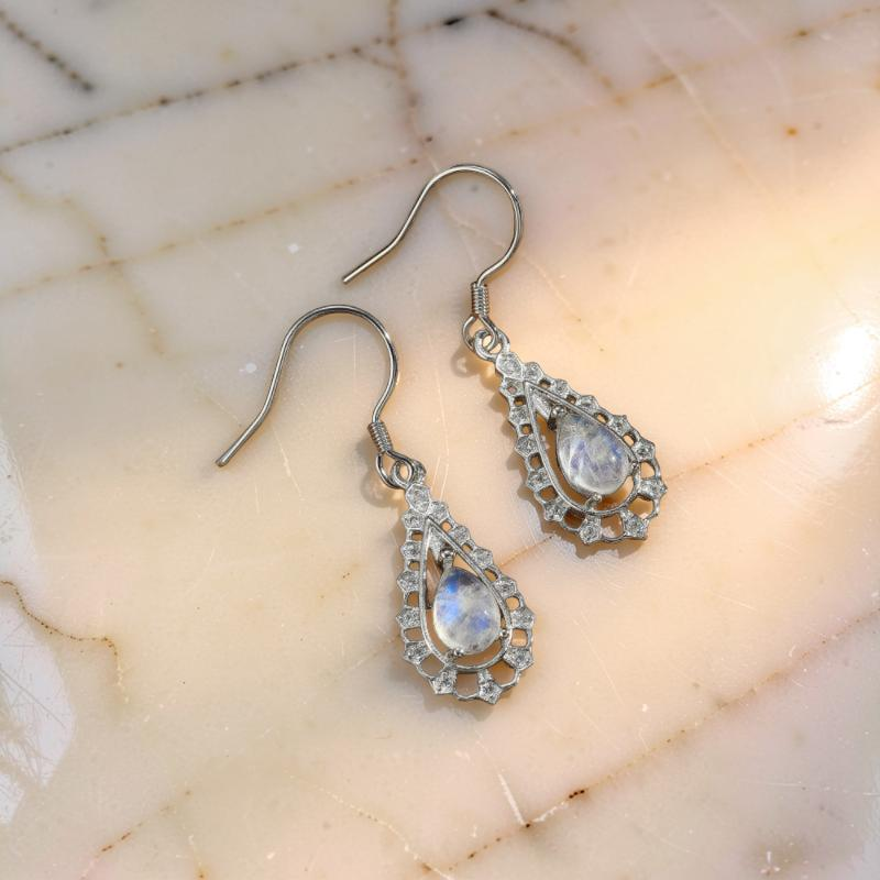 ATELIER-TIBET – Boucles d'Oreilles Pierre de Lune – Larme Étincelante