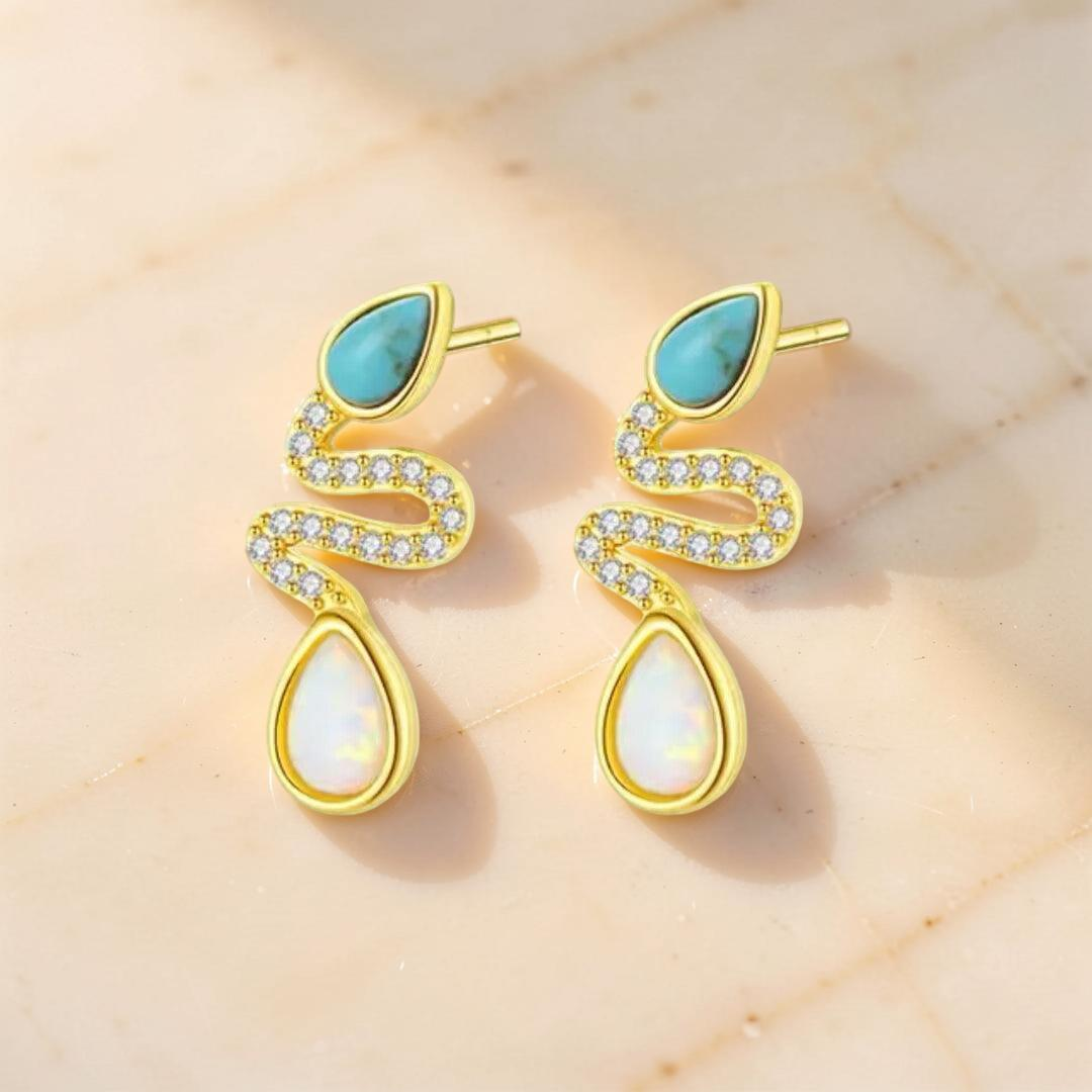 ATELIER-TIBET – Boucles d'Oreilles Serpent Opale et Turquoise– Larmes de Lagon, Argent 925