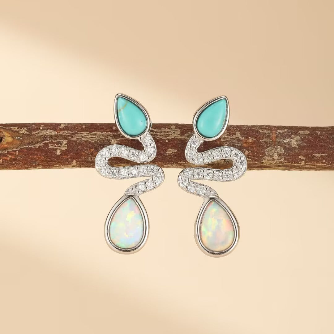 ATELIER-TIBET – Boucles d'Oreilles Serpent Opale et Turquoise– Larmes de Lagon, Argent 925