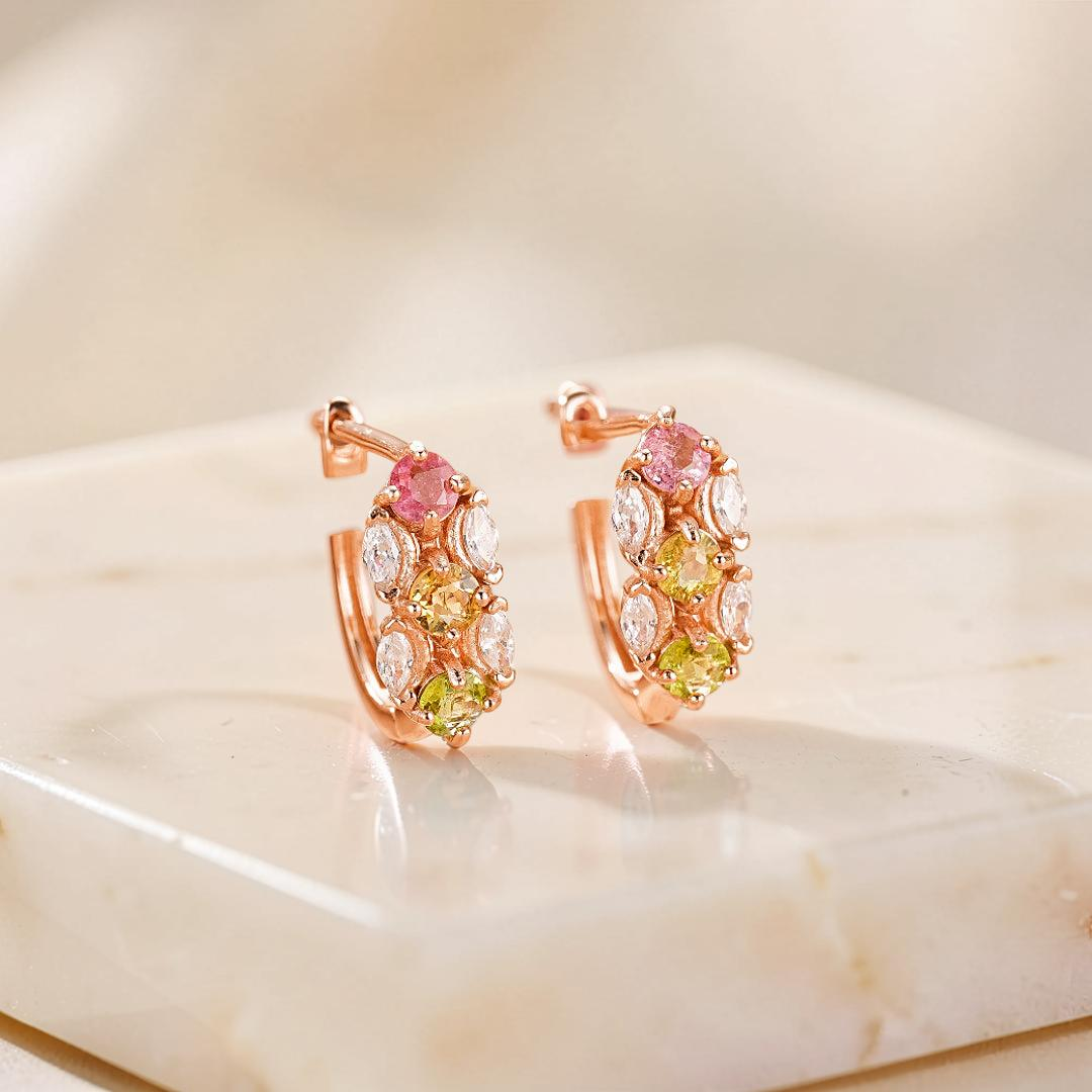 ATELIER-TIBET – Boucles d'Oreilles Tourmaline – Rayonnement Floral, Argent Plaqué Or