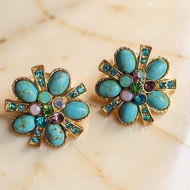 ATELIER-TIBET – Boucles d'Oreilles Turquoise – Fleur Éternelle, Argent Plaqué Or