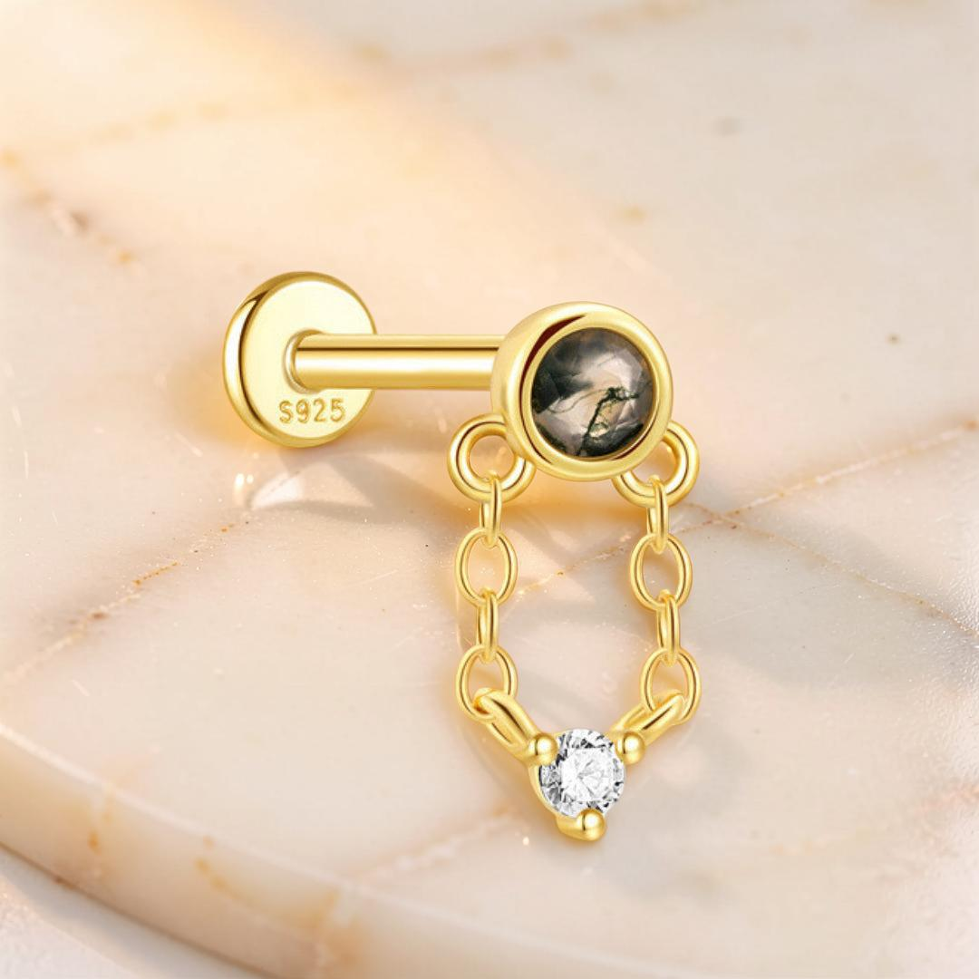 ATELIER-TIBET – Boucles d’Oreille Agate Mousse – Chaîne Élémentaire, Argent Plaqué Or