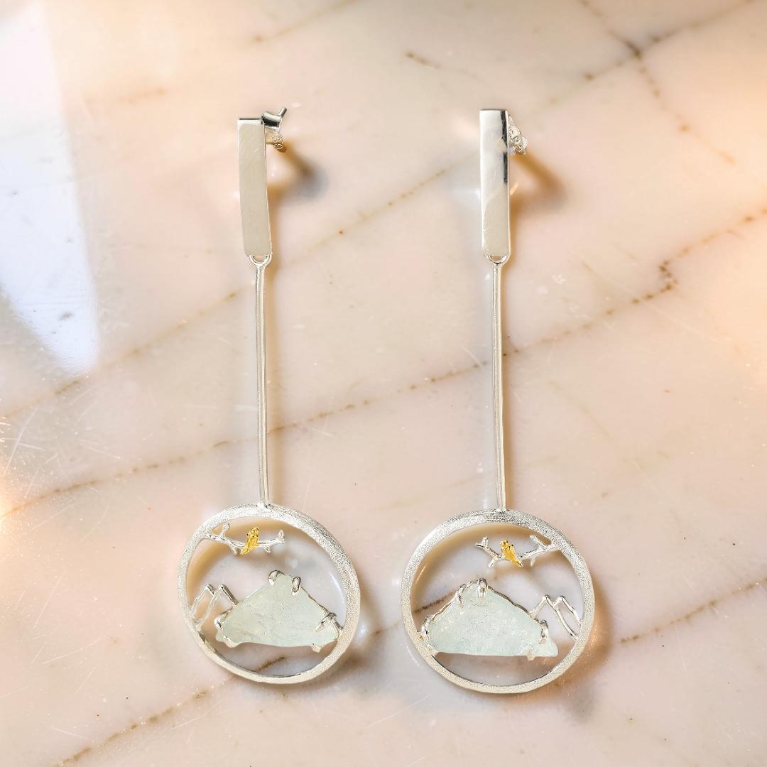 ATELIER-TIBET – Boucles d'Oreilles Aigue Marine – Petit Oiseau, Argent Plaqué Or