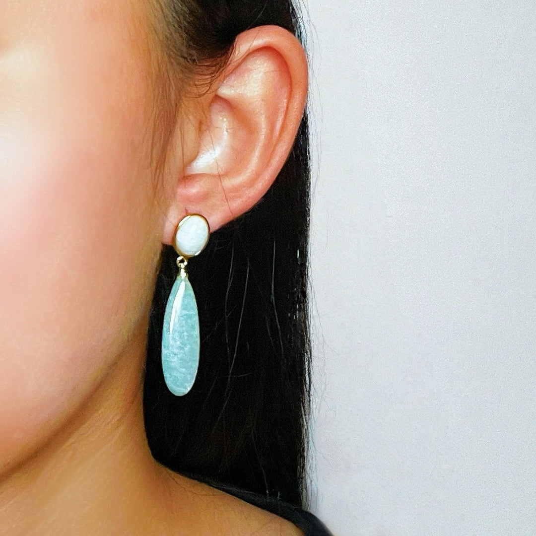 ATELIER-TIBET – Boucles d’Oreilles Amazonite et Pierre de Lune – Élégance Nocturne