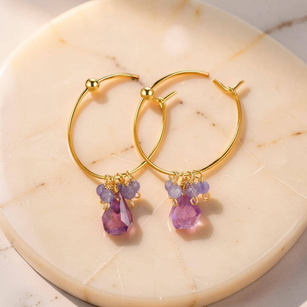 ATELIER-TIBET – Boucles d’oreilles Améthyste et Tanzanite – Aurore Bohème, Argent Plaqué Or