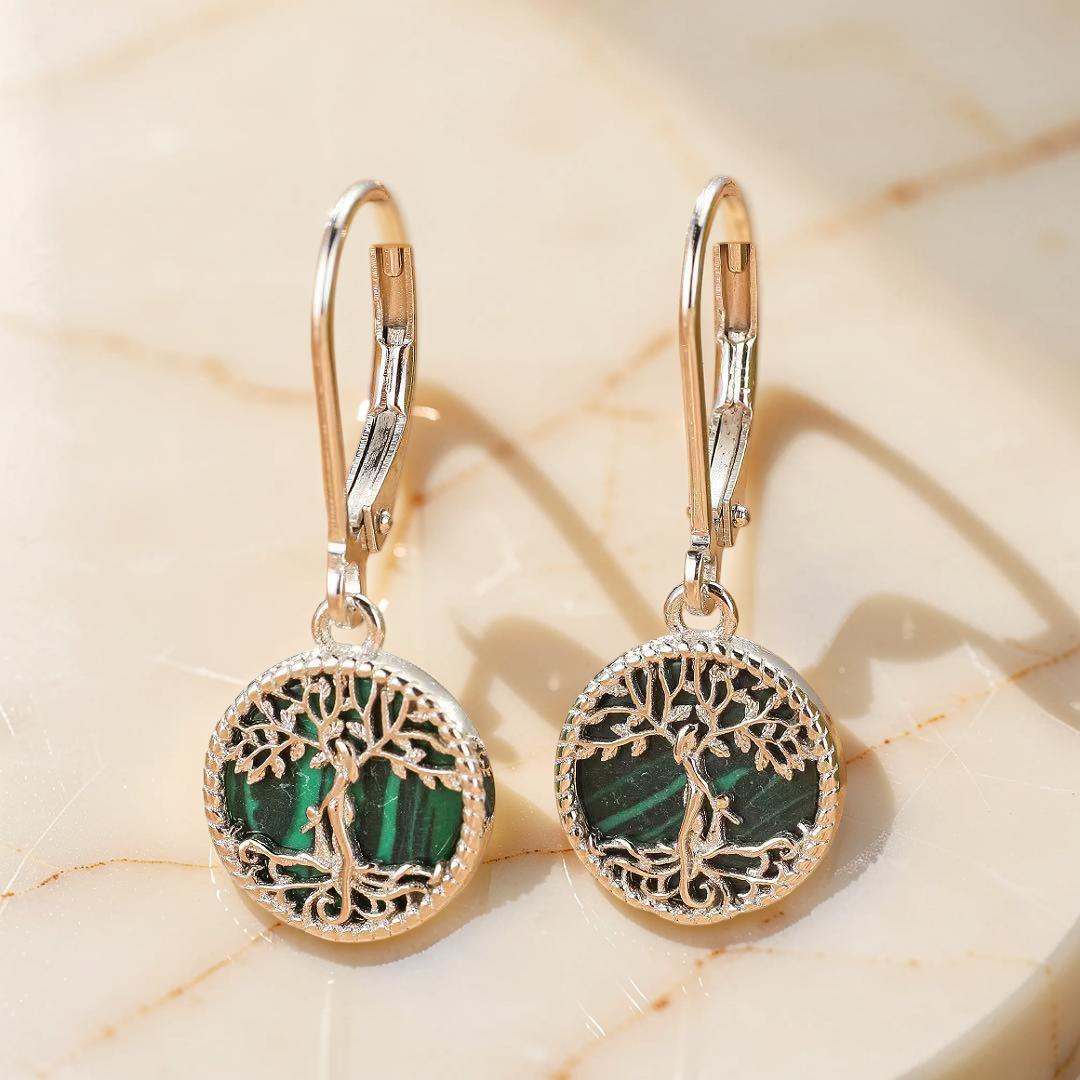 ATELIER-TIBET – Boucles d’oreilles Arbre de Vie Malachite – Racines Sacrées, Argent