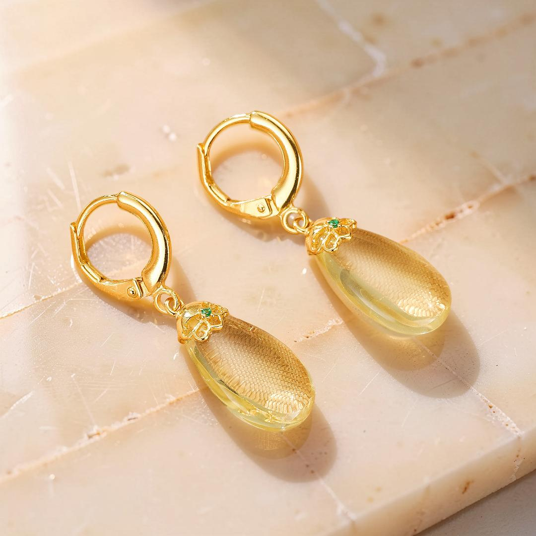 ATELIER-TIBET – Boucles d’oreilles Citrine – Goutte de Soleil, Argent Plaqué Or