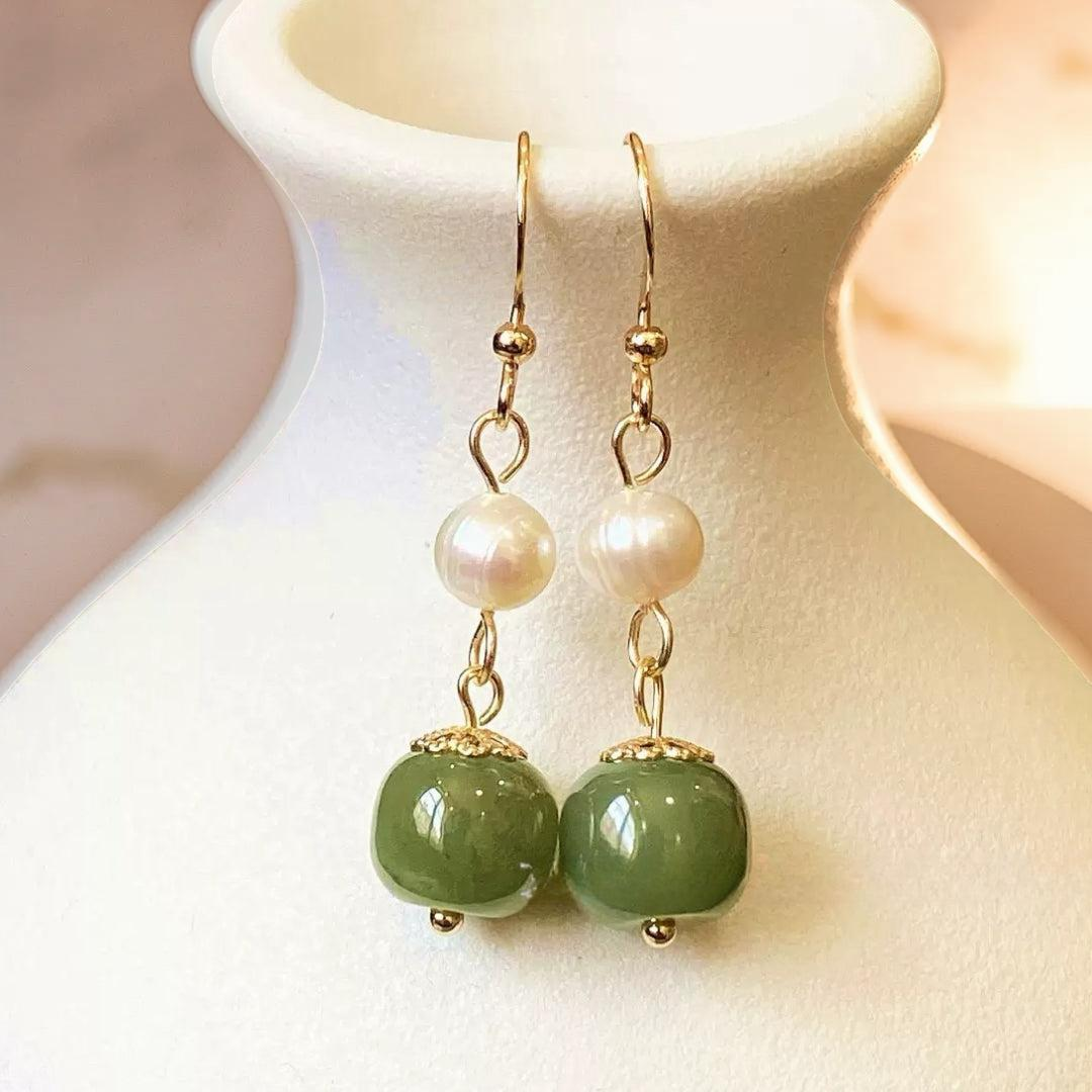 ATELIER-TIBET – Boucles d’Oreilles Jade Néphrite et Perle – Équilibre Naturel