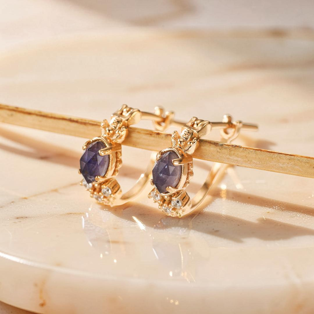 ATELIER-TIBET – Boucles d'Oreilles Labradorite et Cordiérite – Apaisement, Argent Plaqué Or