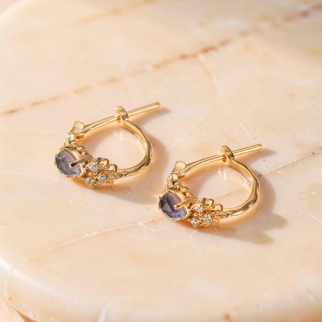 ATELIER-TIBET – Boucles d'Oreilles Labradorite et Cordiérite – Apaisement, Argent Plaqué Or