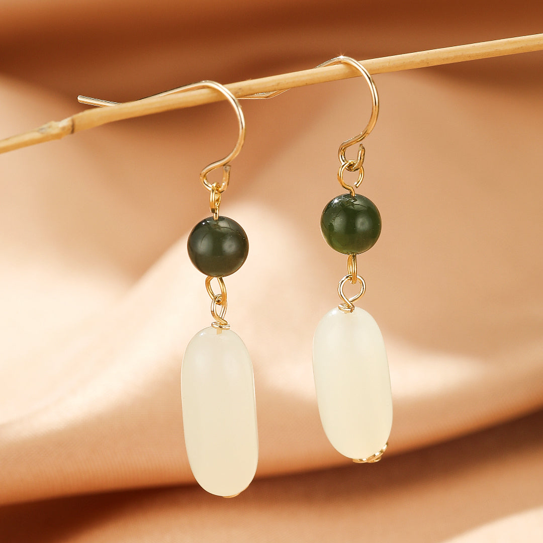 ATELIER-TIBET – Boucles d’Oreilles Pendantes Jade – Harmonie Bicolore