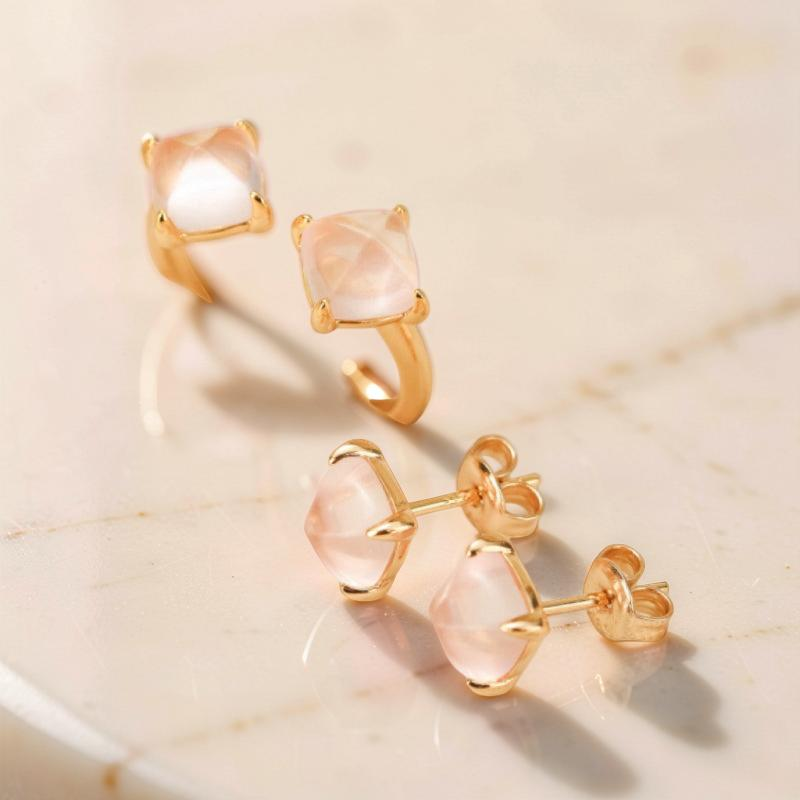 ATELIER-TIBET – Boucles d'Oreilles Quartz Rose – Éclat Divin, Argent Plaqué Or