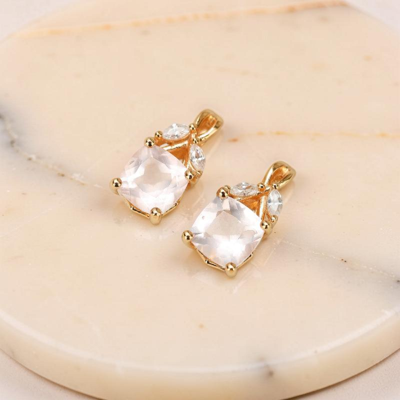 ATELIER-TIBET – Boucles d'Oreilles Quartz Rose – Élégant Feuillu, Argent Plaqué Or