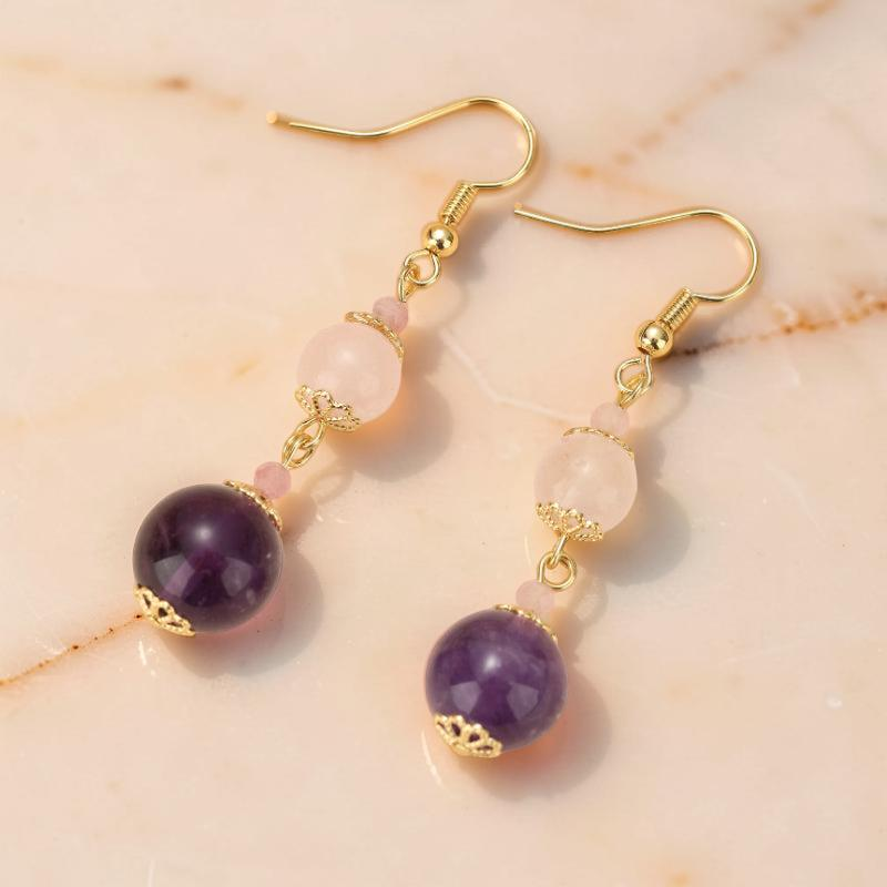 ATELIER-TIBET – Boucles d'Oreilles Quartz Rose et Améthyste – Plongée Ether