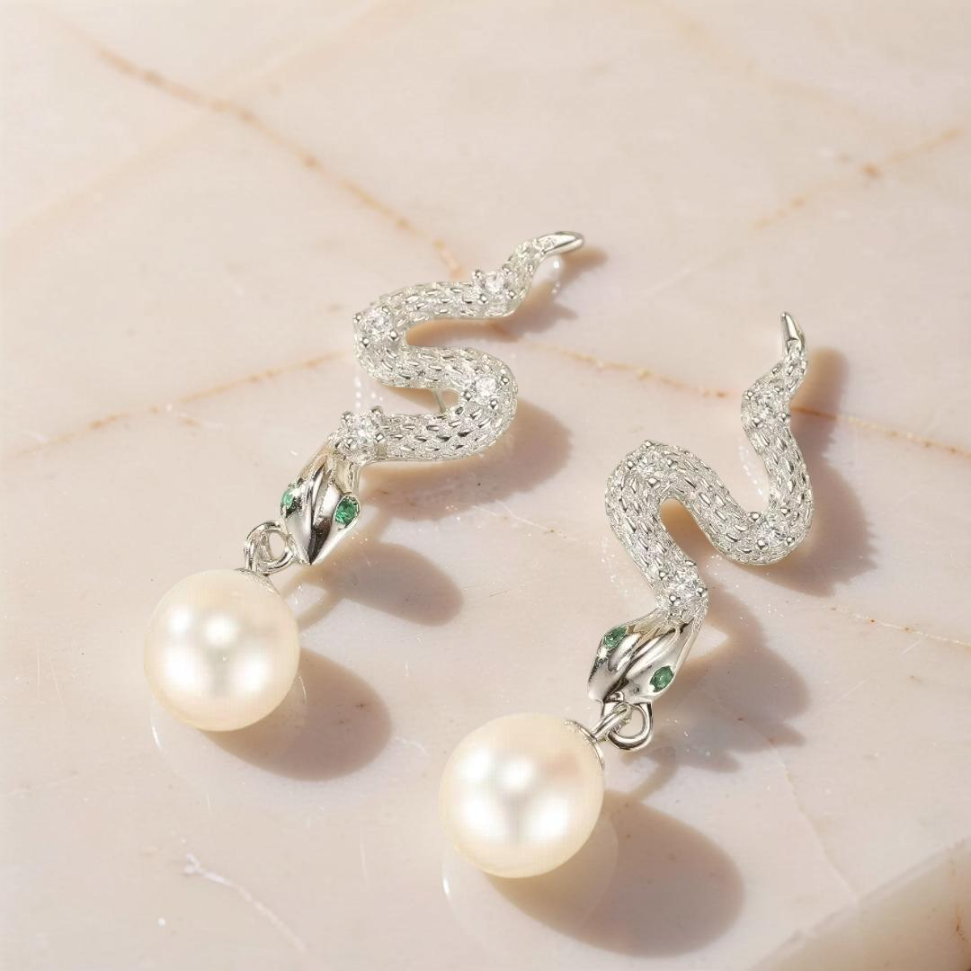 ATELIER-TIBET – Boucles d’Oreilles Serpent – Mystique Perlée, Argent 925