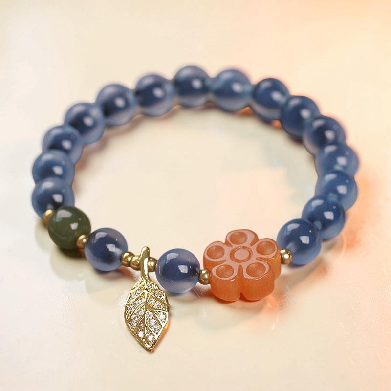 ATELIER-TIBET – Bracelet Agate Bleue – Feuille Dorée