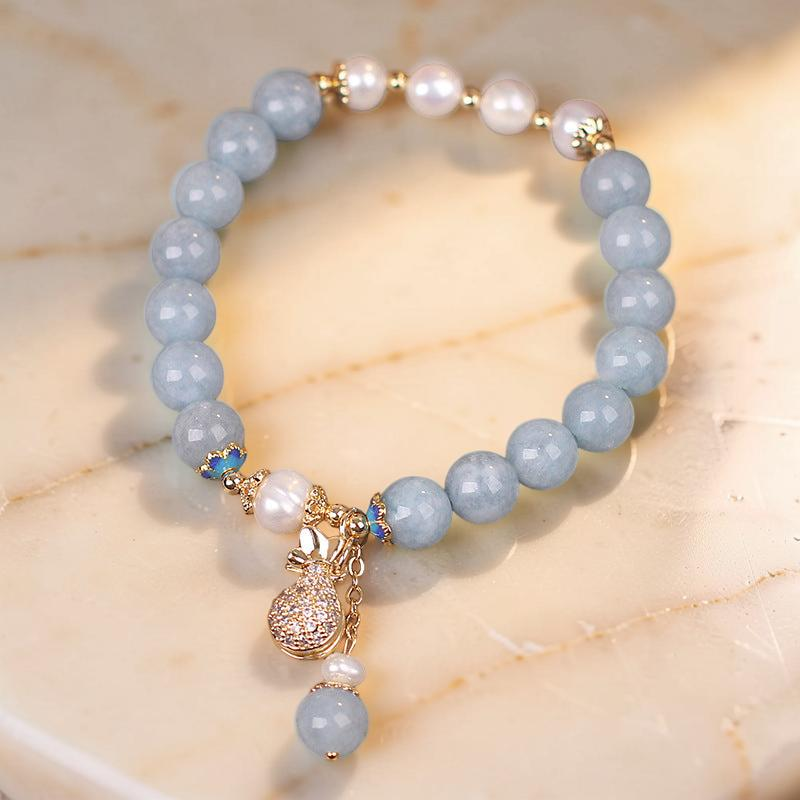 ATELIER-TIBET – Bracelet Aigue-Marine et Perle – Poche d'Argent