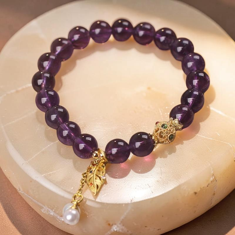 ATELIER-TIBET – Bracelet Améthyste et Perle – Feuille Dorée