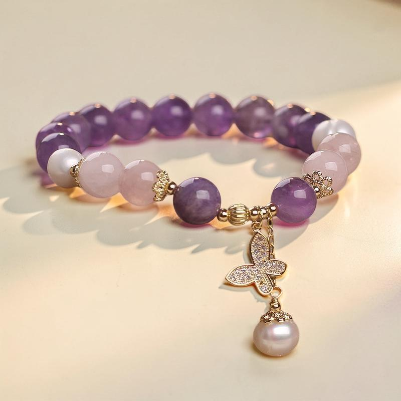 ATELIER-TIBET – Bracelet Améthyste Quartz Rose et Perle – Papillon