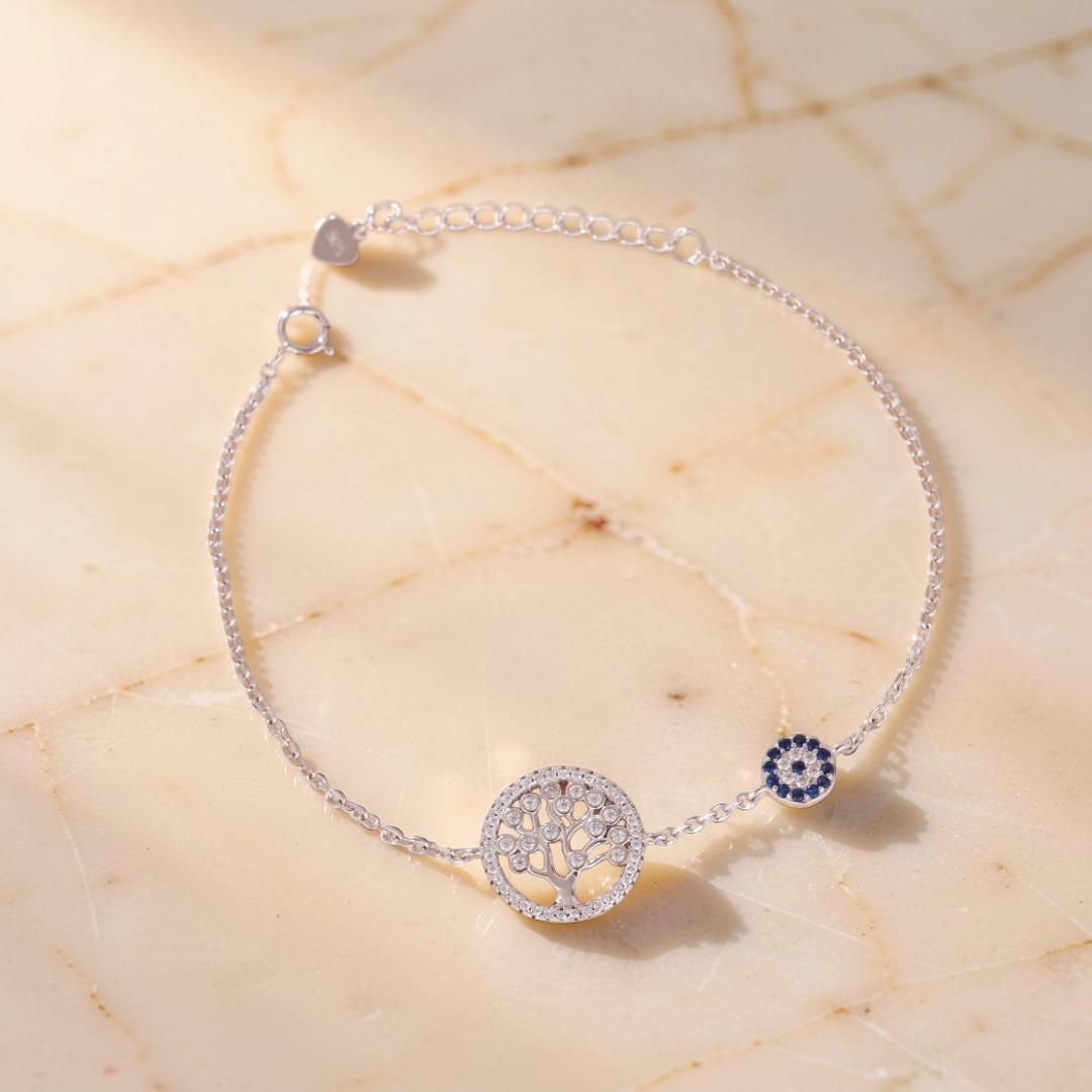 ATELIER-TIBET – Bracelet Arbre de Vie et Mauvais Œil – Protection Ancestrale, Argent 925