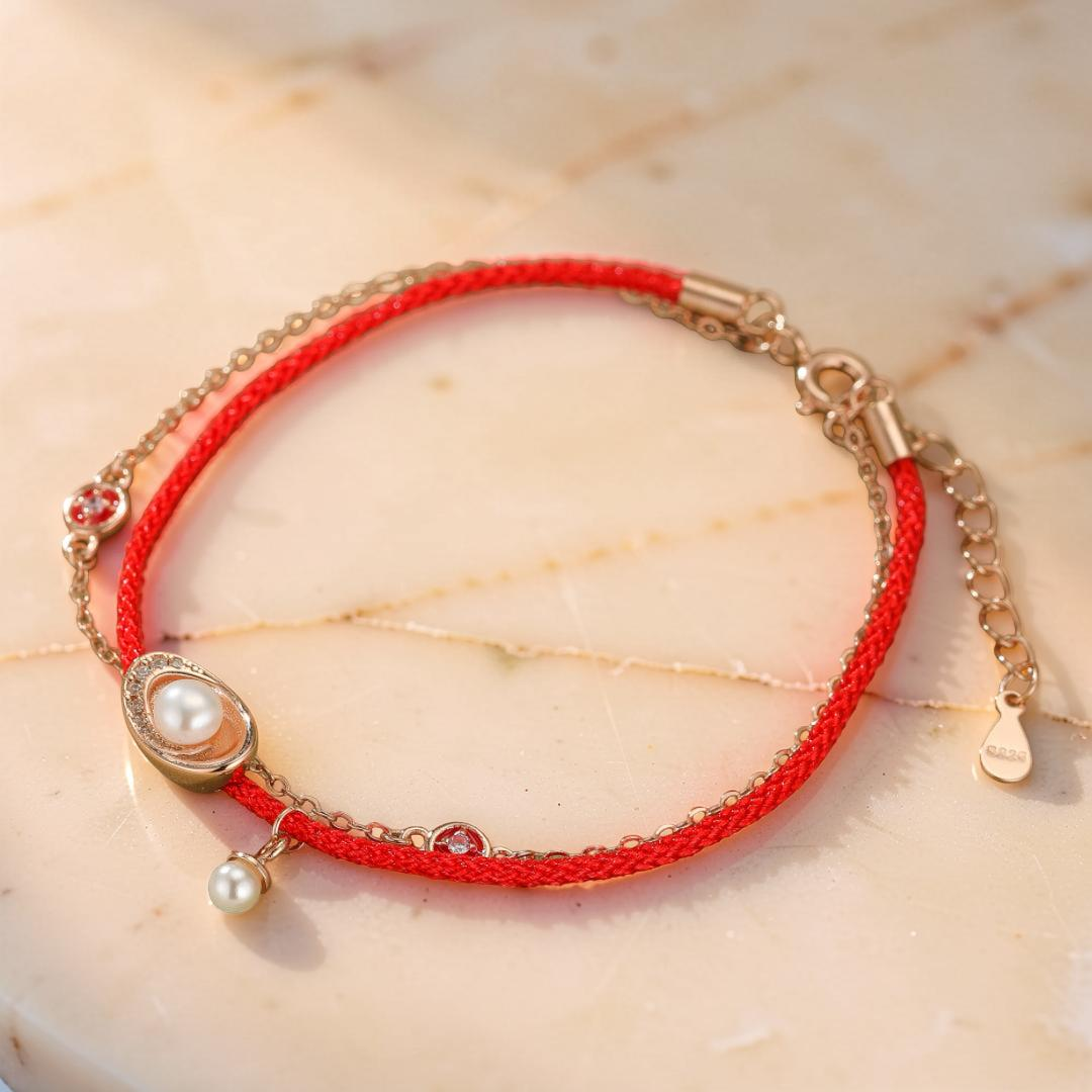 ATELIER-TIBET – Bracelet Cordon Rouge et Perle – Trésor Marin, Argent Plaqué Or