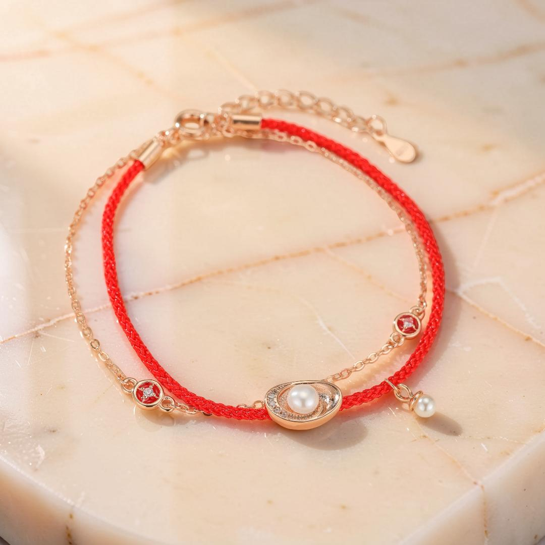 ATELIER-TIBET – Bracelet Cordon Rouge et Perle – Trésor Marin, Argent Plaqué Or