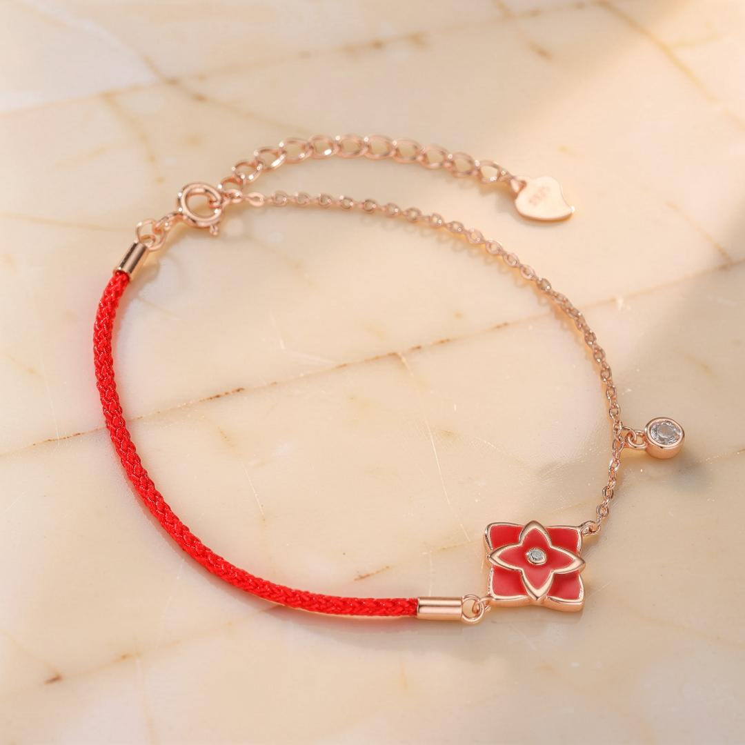 ATELIER-TIBET – Bracelet Cordon Rouge – Fleur de Chance, Argent 925