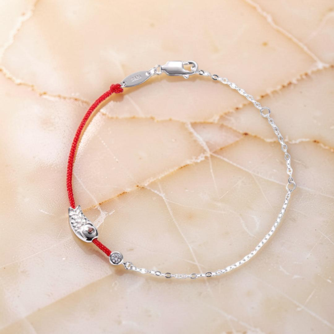 ATELIER-TIBET – Bracelet Cordon Rouge – Poisson Porte-Bonheur, Argent 925