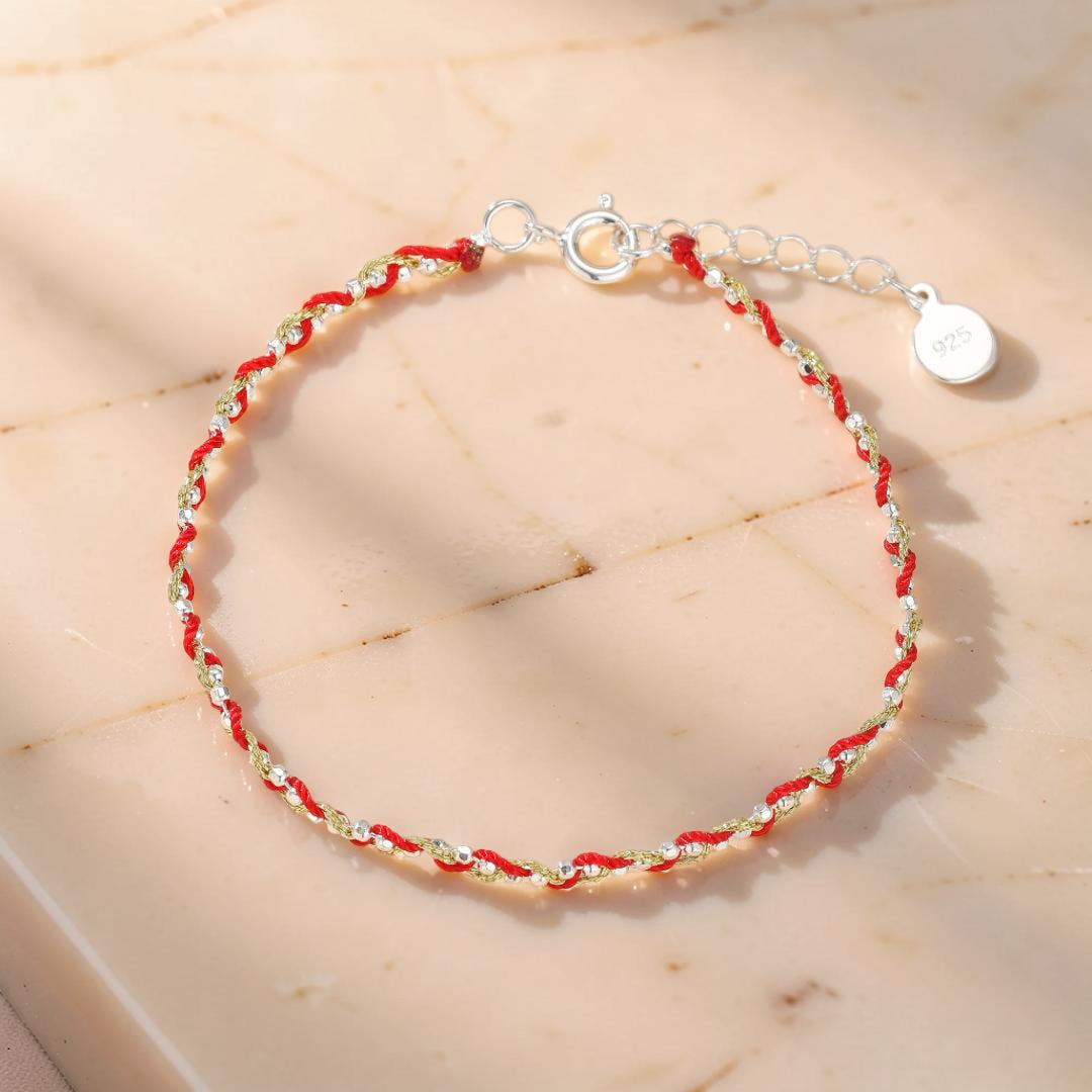 ATELIER-TIBET – Bracelet Cordon Rouge – Tresse de Chance, Argent 925 et Fil Or 14K