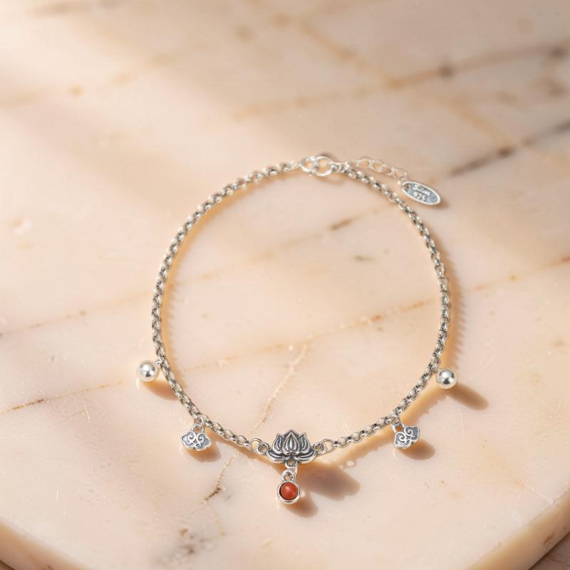 ATELIER-TIBET – Bracelet de Cheville Lotus en Agate – Mer Enchantée, Argent