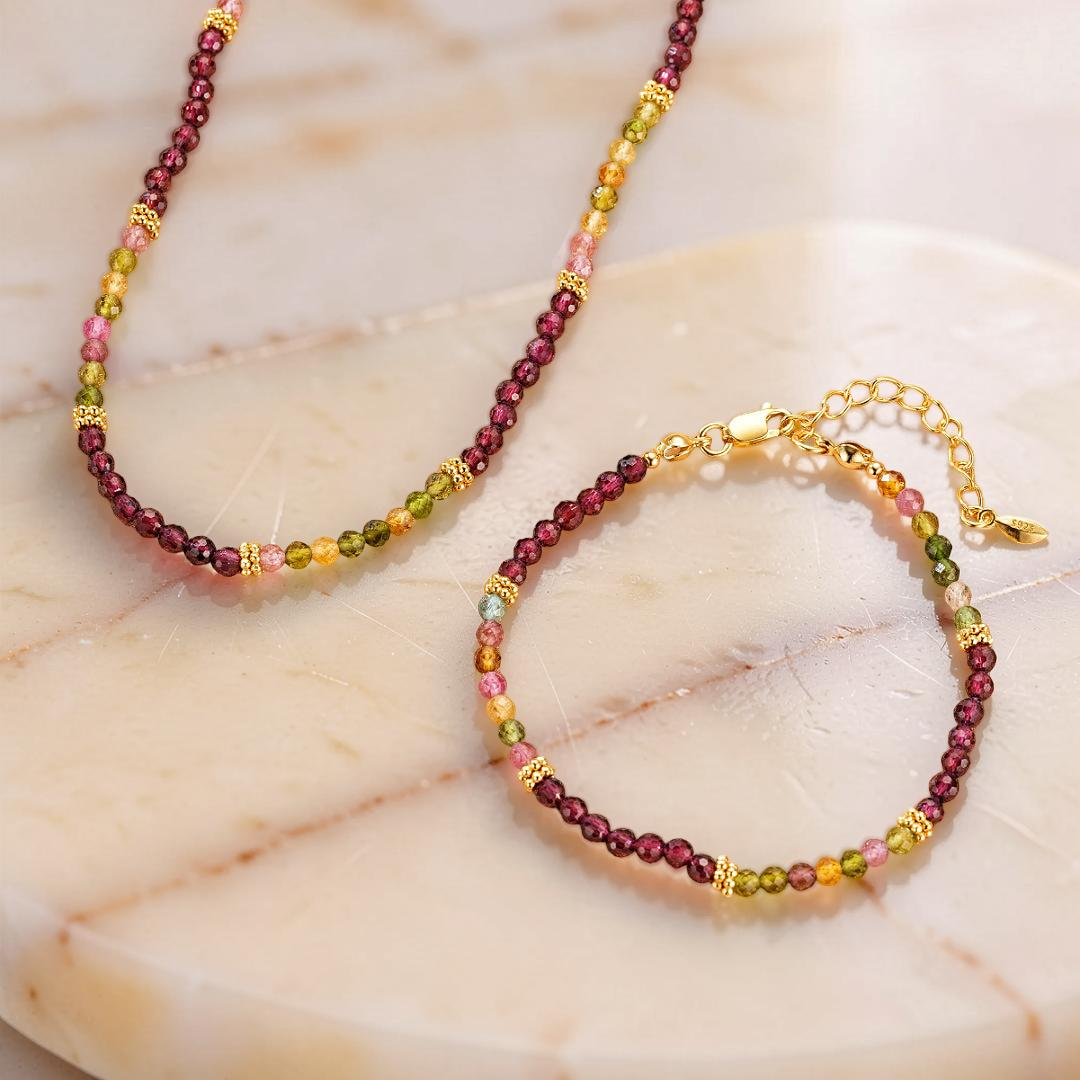 ATELIER-TIBET – Bracelet Grenat et Tourmaline – Équilibre Chromatique, Argent Plaqué Or