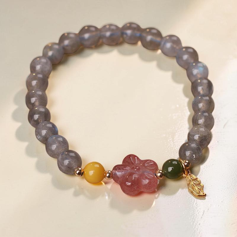 ATELIER-TIBET – Bracelet Labradorite et Quartz Fraise – Feuille Dorée