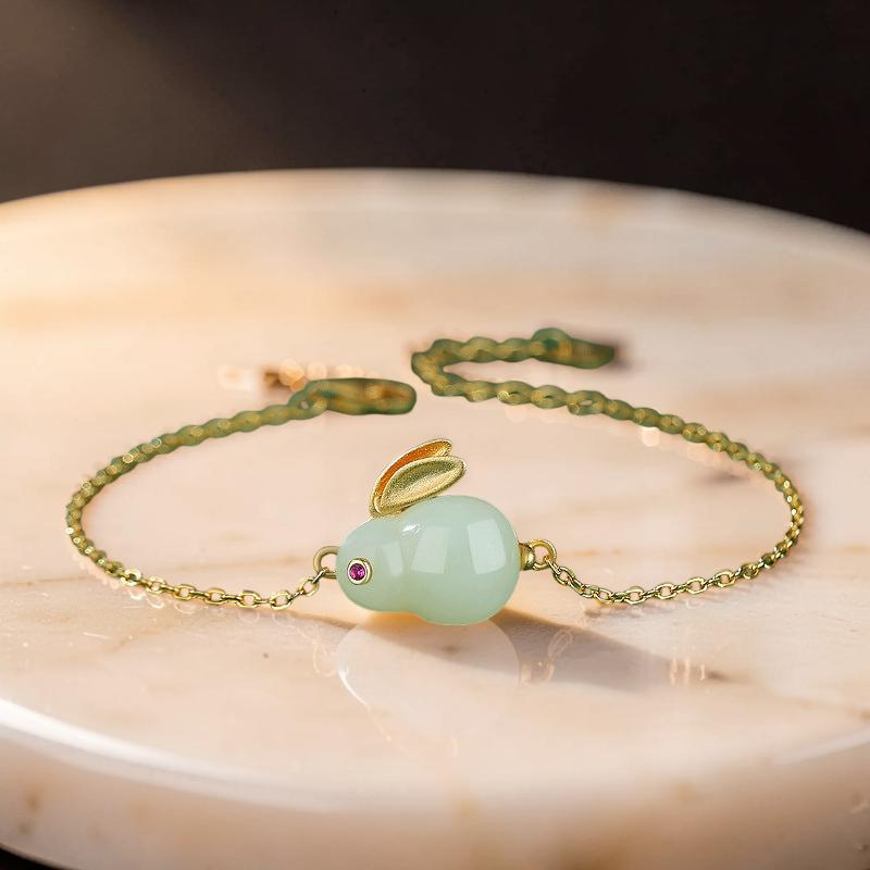 ATELIER-TIBET – Bracelet Lapin en Jade – Sagesse, Argent Plaqué Or