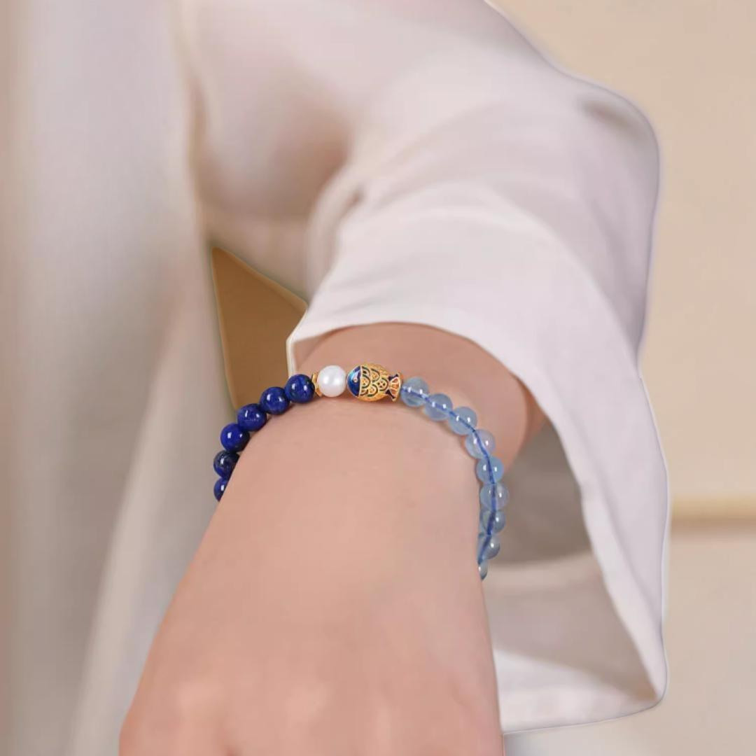 ATELIER-TIBET – Bracelet Lapis Lazuli et Aigue Marine - Poisson de Bonheur