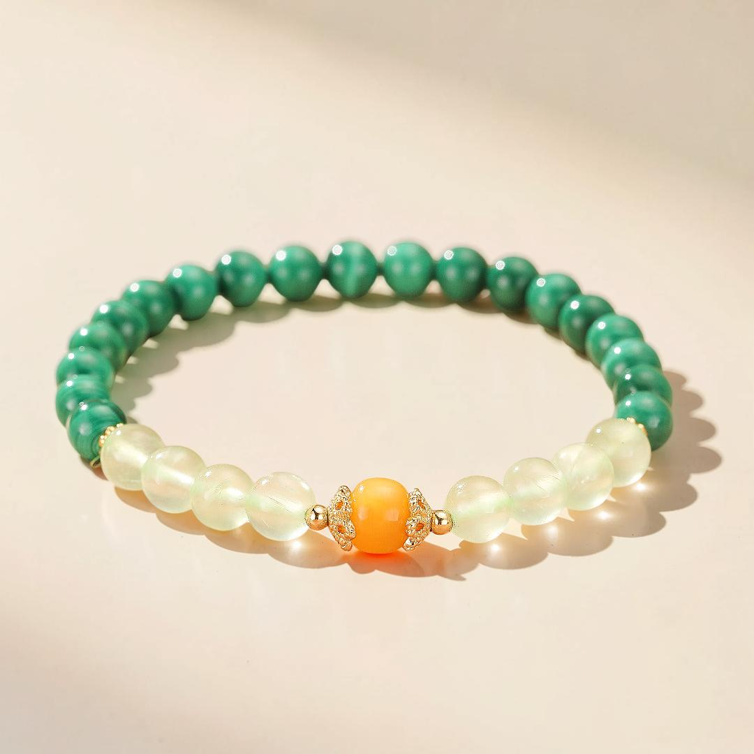 ATELIER-TIBET – Bracelet Malachite, Préhnite et Ambre – Harmonie des Énergies