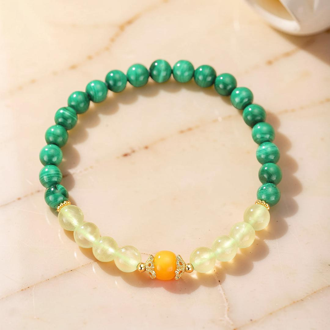 ATELIER-TIBET – Bracelet Malachite, Préhnite et Ambre – Harmonie des Énergies